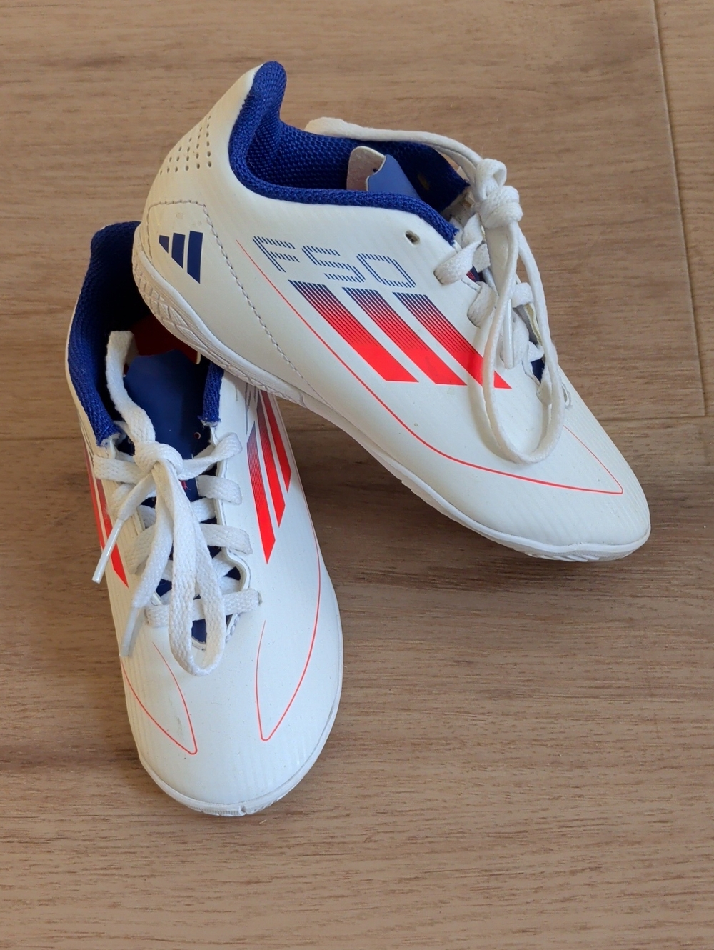 Adidas Indoor Soccer Shoes - Kids White & Blue with Red Accents